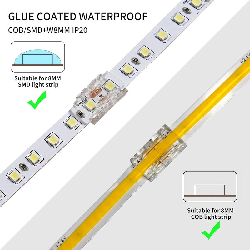 HEYAN 2 Pin 8mm LED Strip to Strip Connectors 20 Pcs Solderless Transparent LED Strip Connector Unwired Gapless Tape Light Connector No Dark Area for COB/SMD Single Color LED Strips - Image 3